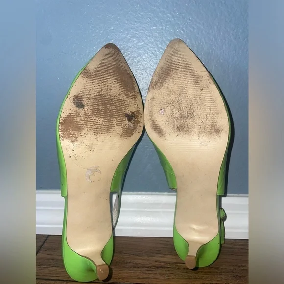 💚 Y2k Slingback heels kitten heels bow heels vintage green pumps patent heel - Picture 3 of 11